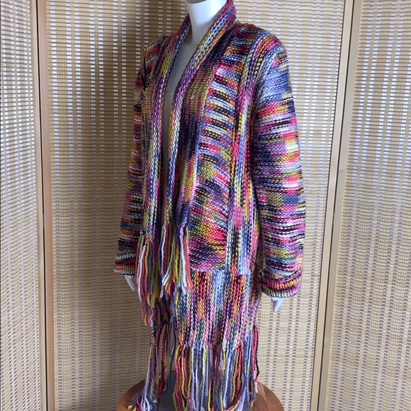 Blue Buttercup Multi Colored Long Cardigan Knit Sweater Fringe Hem Size Medium - Picture 4 of 6